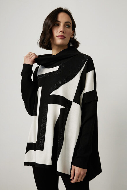 Joseph Ribkoff Geometric Jacquard Sweater Style 214930. Black/vanilla