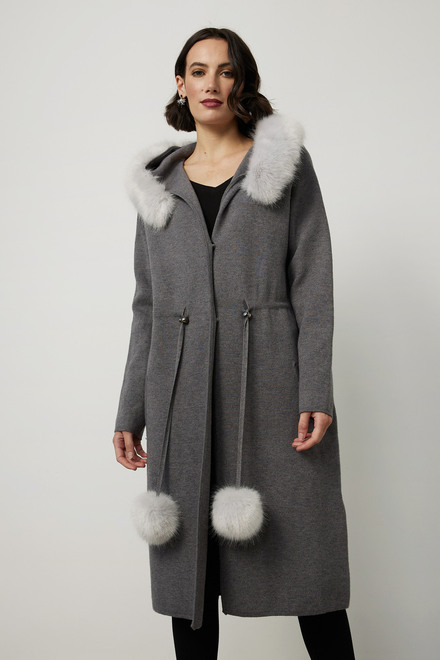 Joseph Ribkoff Faux Fur Trim Coat Style 214942. Light Grey