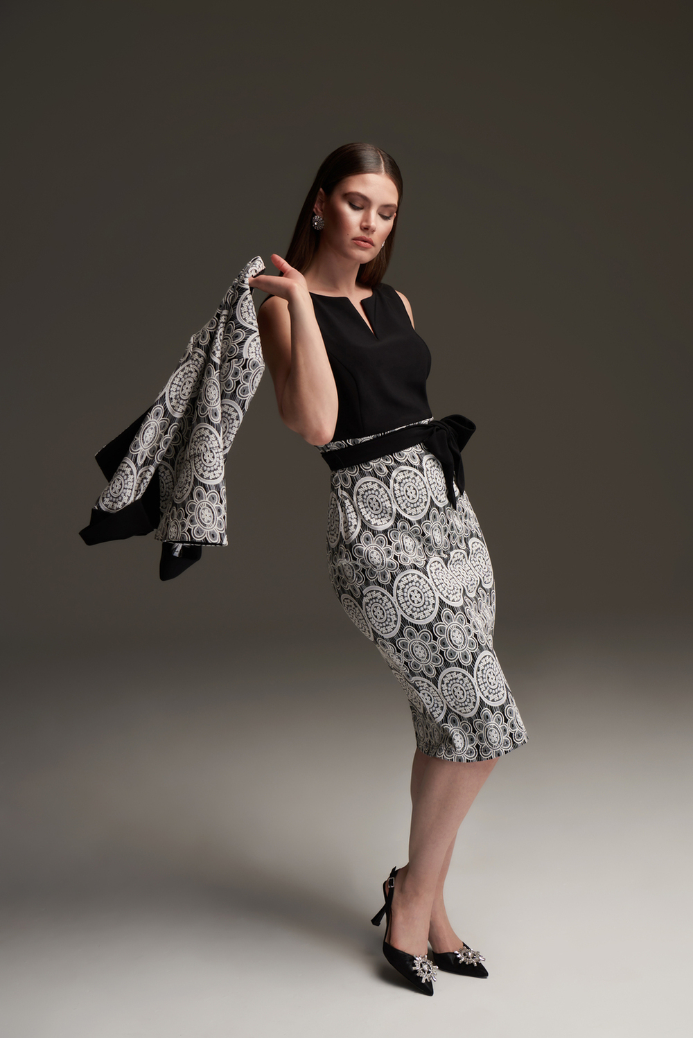 Joseph Ribkoff Lace Motif Dress Style 213717. Black/white
