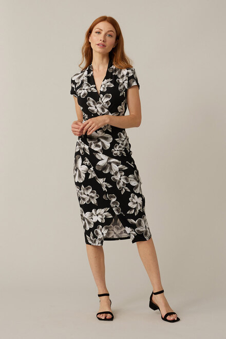 Joseph Ribkoff Floral Wrap Dress Style 221028. Black/vanilla