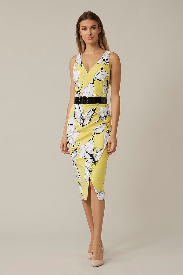 Joseph Ribkoff Floral Belted Dress Style 221055. Limoncello/multi