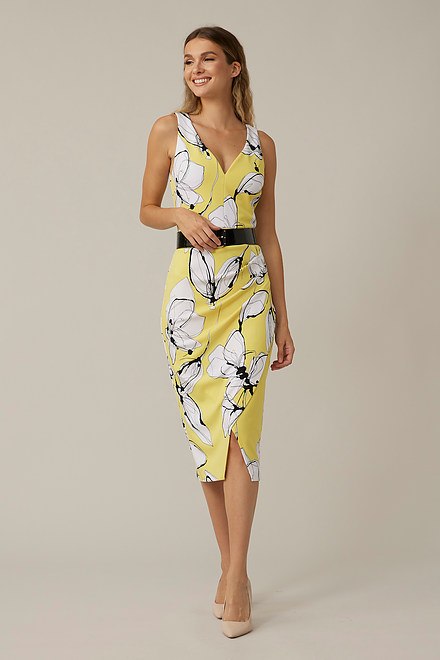 Joseph Ribkoff Floral Belted Dress Style 221055. Limoncello/multi. 5