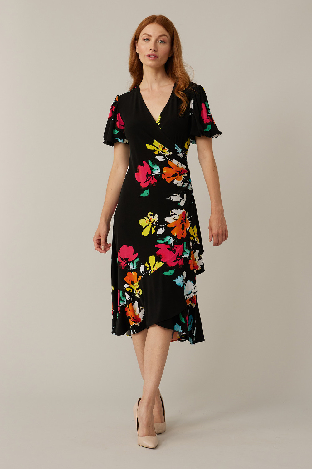 Joseph Ribkoff Floral Wrap Dress Style 221068. Black/multi