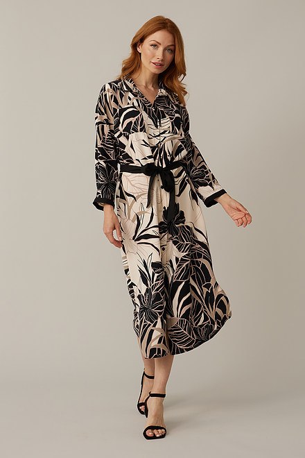 Joseph Ribkoff Tropical Print Dress Style 221070. Beige/Black