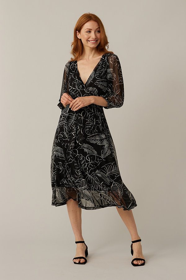 Joseph Ribkoff Palm Print Dress Style 221182. Black/vanilla