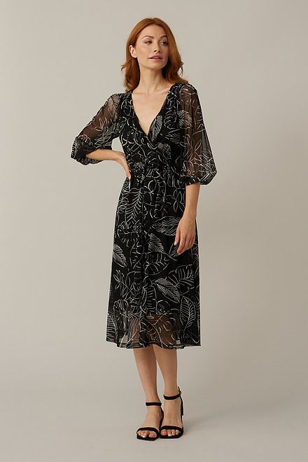 Joseph Ribkoff Palm Print Dress Style 221182. Black/vanilla. 5