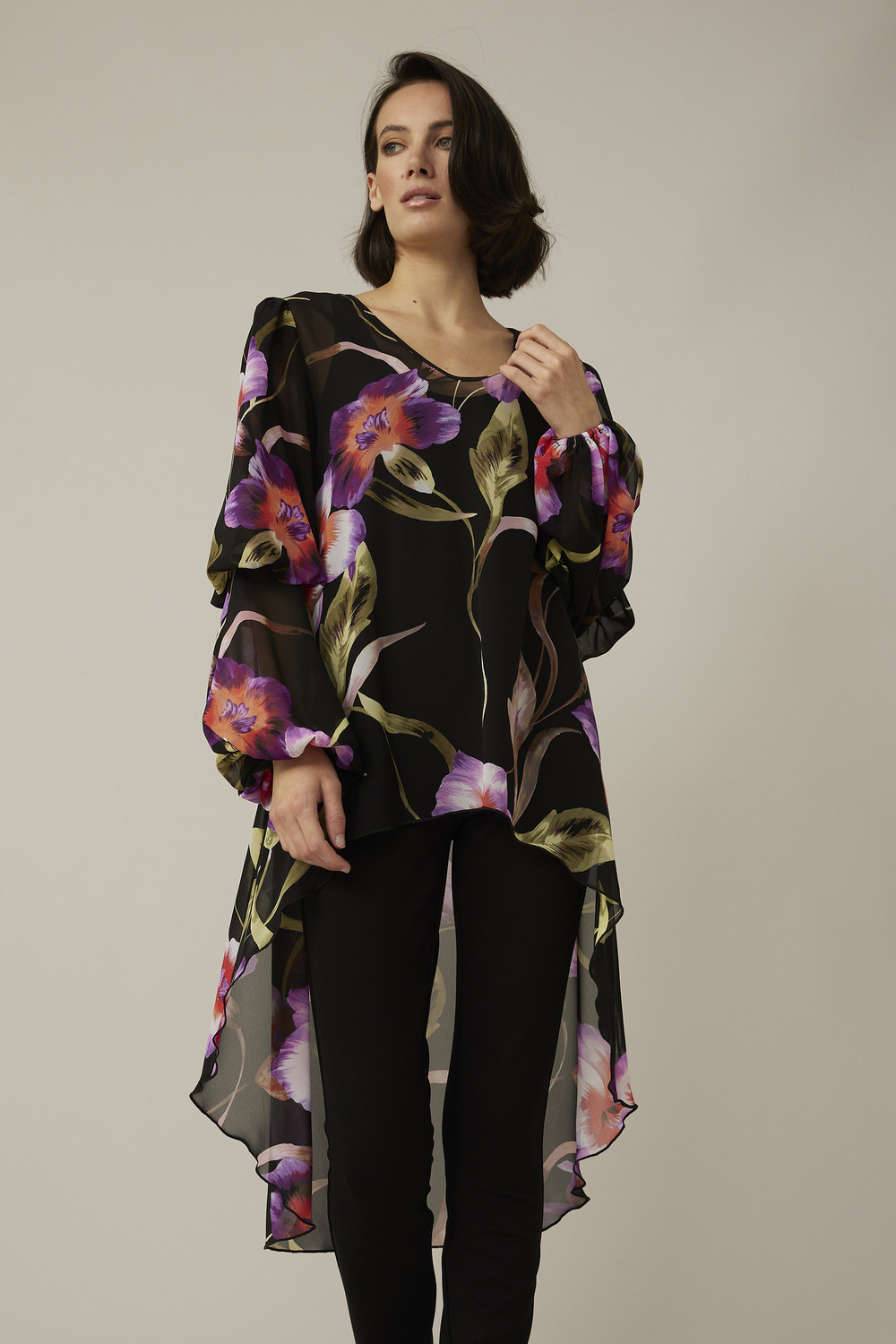 Joseph Ribkoff Floral Cape Sleeve Top Style 221216. Black/multi