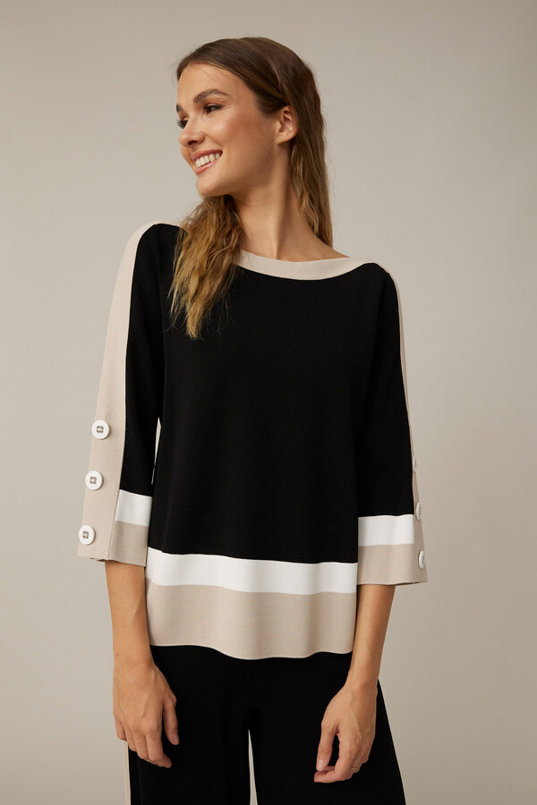 Joseph Ribkoff Color-Blocked Sweater Style 221916. Black/vanilla/moonstone