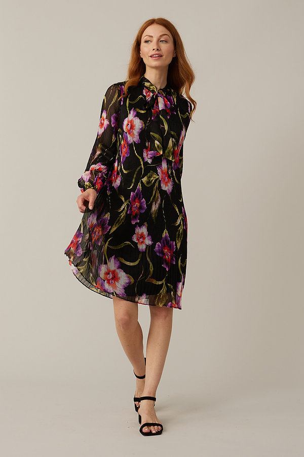 Joseph Ribkoff Floral & Pleated Dress Style 221923. Black/Multi