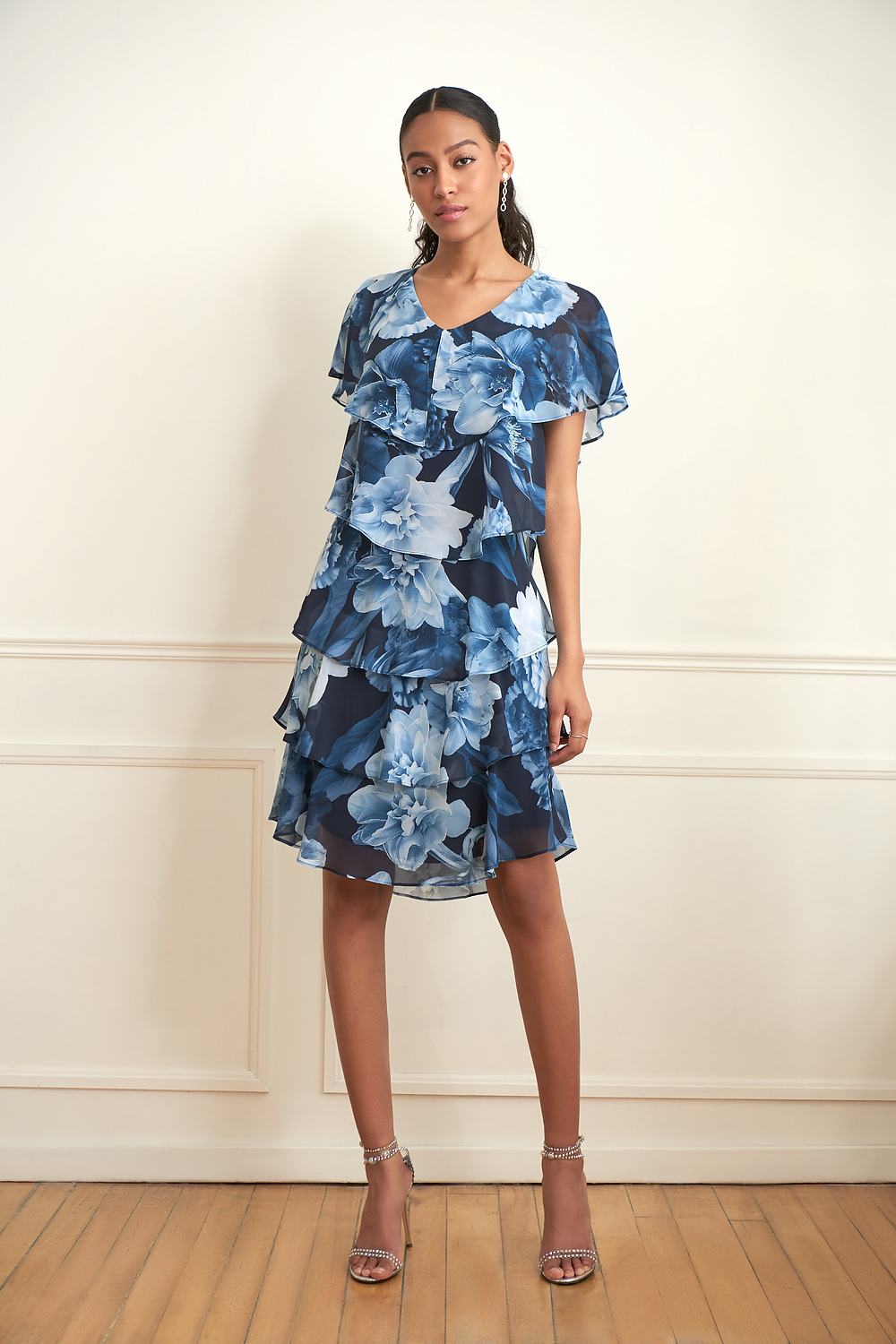 Joseph Ribkoff Tiered Floral Dress Style 221332. Midnight Blue/multi