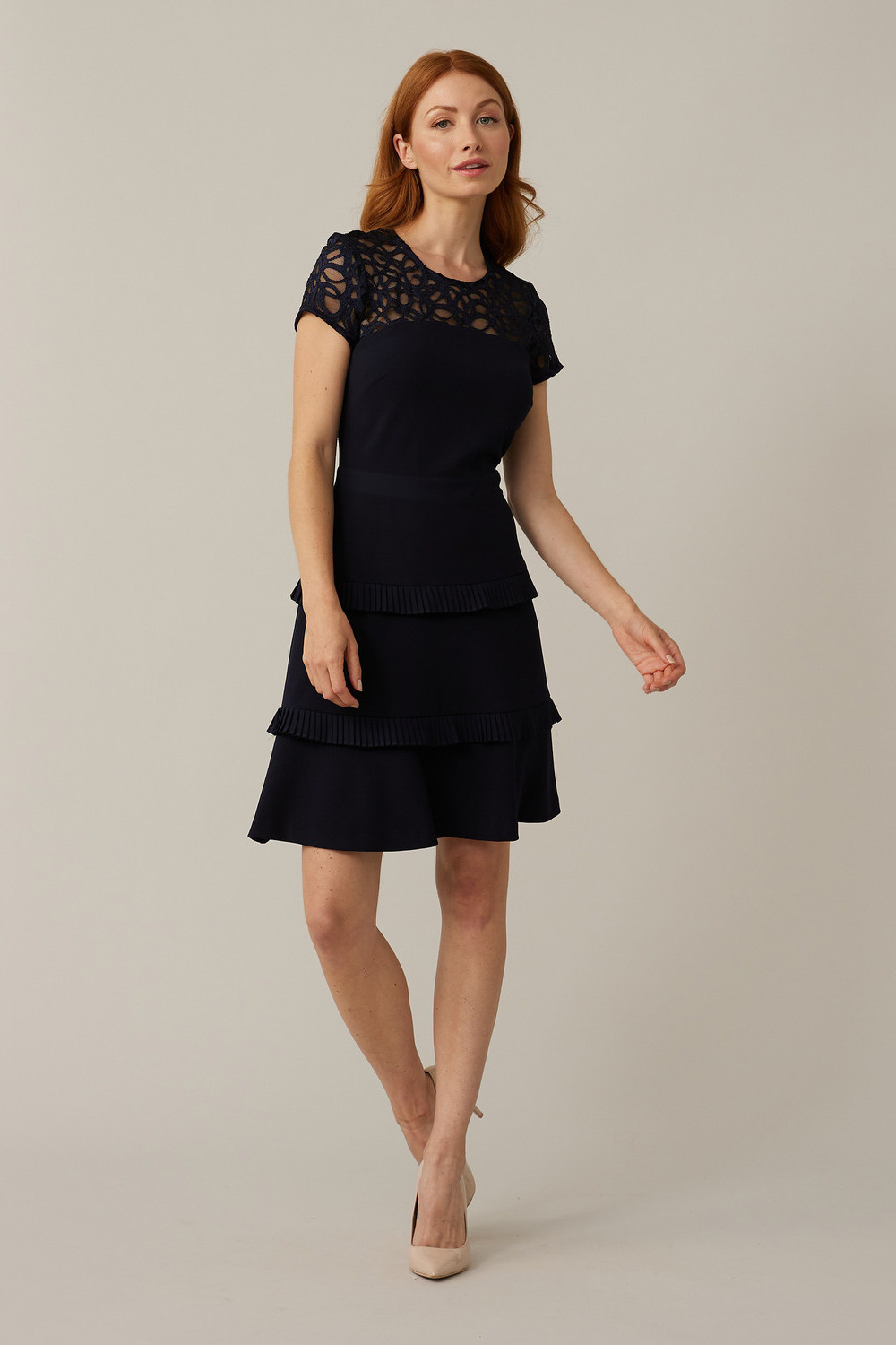 Joseph Ribkoff Lace Neckline Dress Style 221335. Midnight Blue 40
