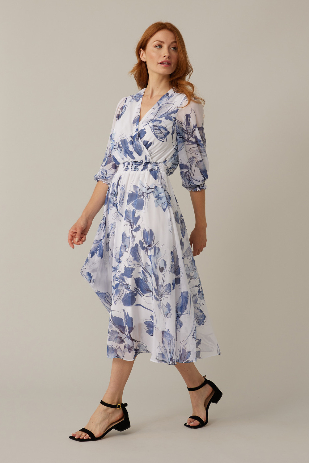 Joseph Ribkoff Wrap Front Floral Dress Style 221344. Blue/vanilla