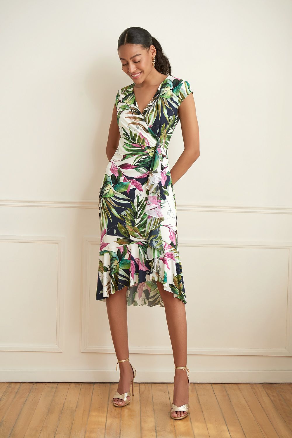 Joseph Ribkoff Tropical Wrap Dress Style 221355. Vanilla/multi