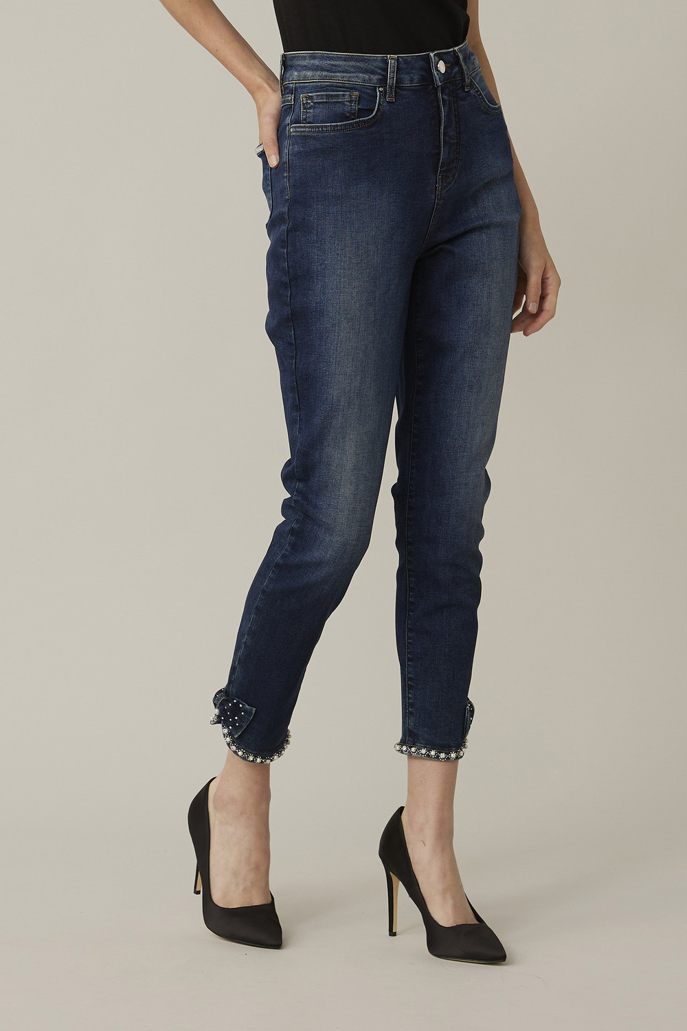 Joseph Ribkoff Bow Detail Jeans Style 221937. Dark Denim Blue