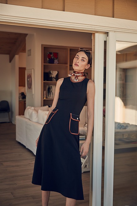Joseph Ribkoff Woven Knit Dress Style 222052. Black/Tan