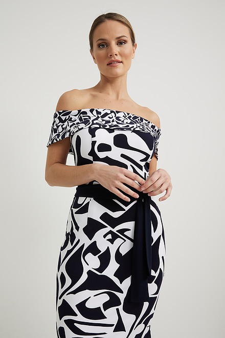 Joseph Ribkoff Off-Shoulder Geometric Print Dress Style 222192. Vanilla/midnight Blue. 3