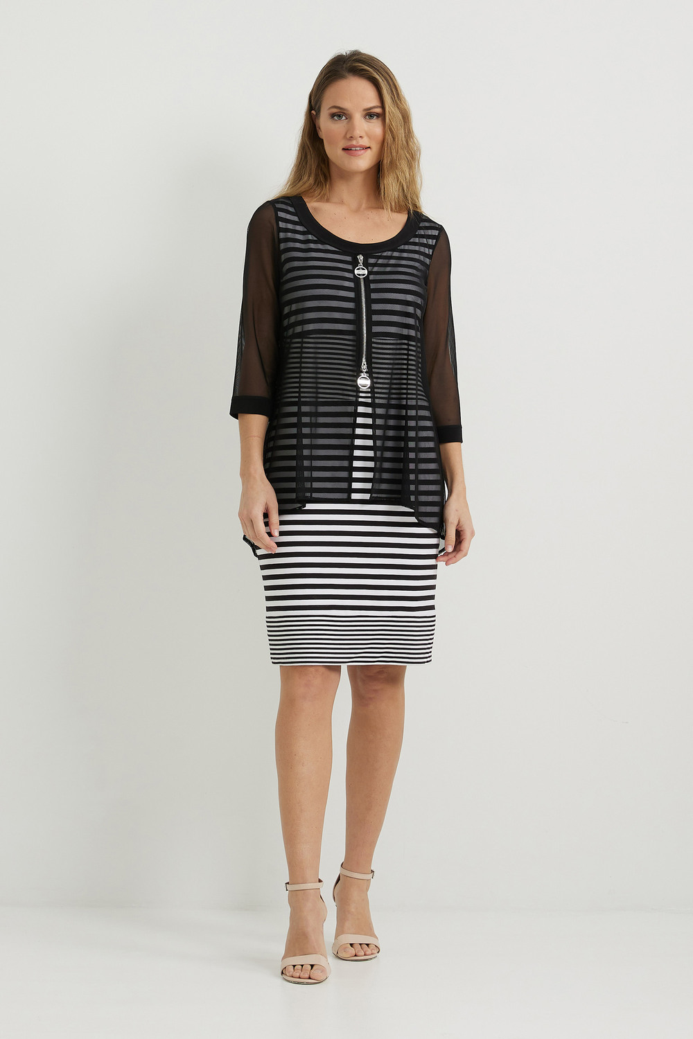 Joseph Ribkoff Sheer & Striped Dress Style 222254. Black/white