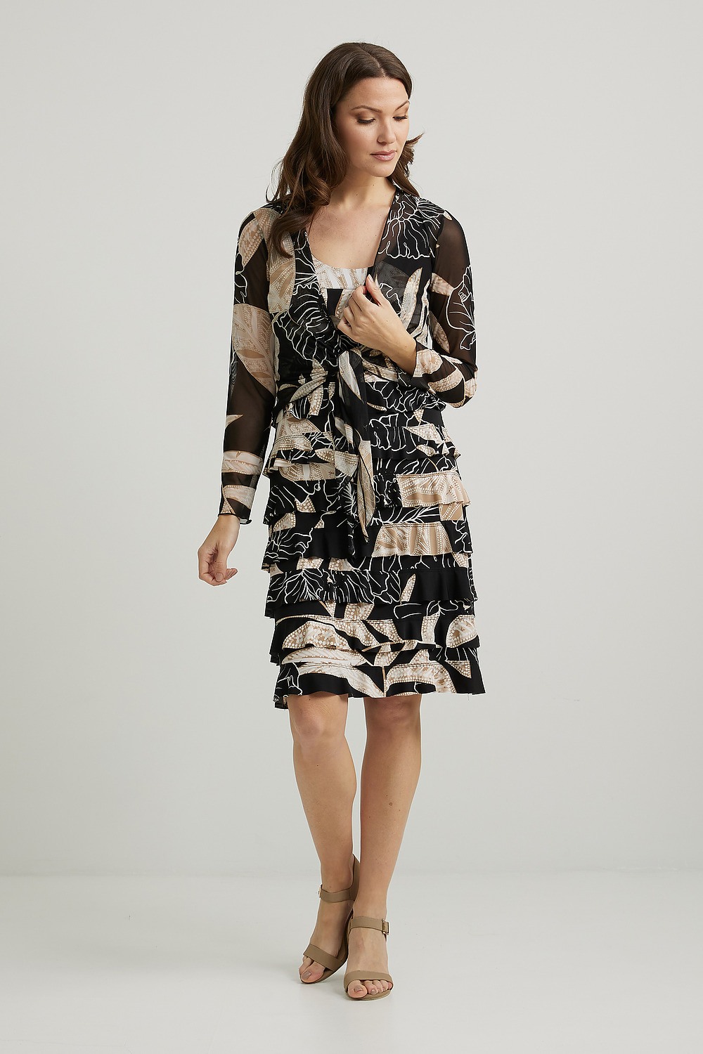 Joseph Ribkoff Ruffle Printed Dress Style 222271. Black/beige/multi