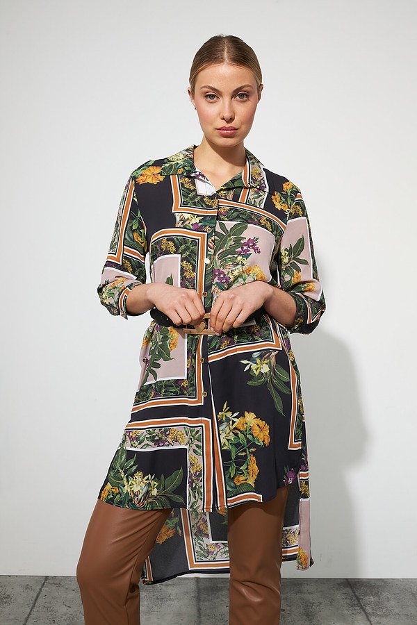 Joseph Ribkoff Robe blouse à motifs fleuris et ceinture Modèle 223139. Noir/multi