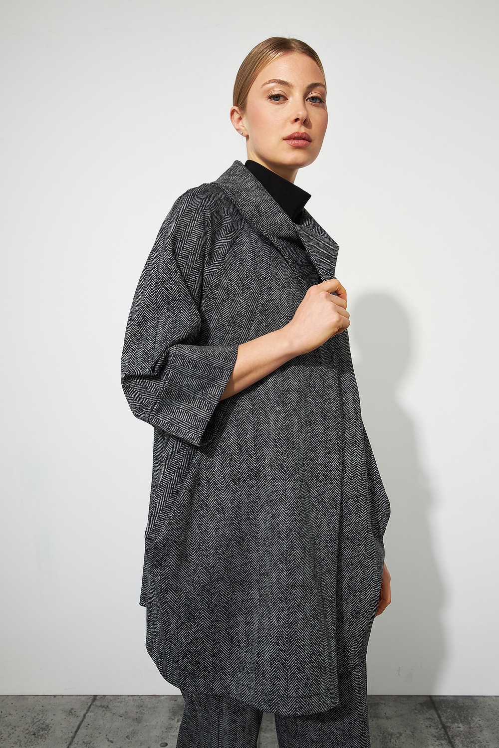Joseph Ribkoff Knit Coat Style 223244. Grey Melange/black