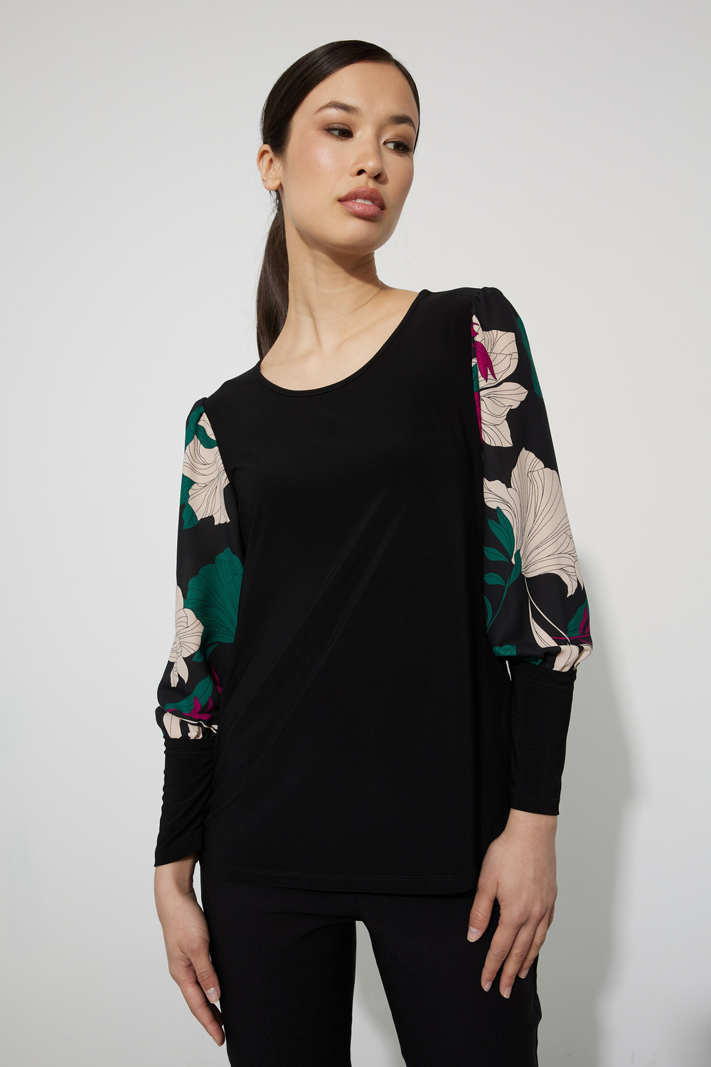 Joseph Ribkoff Floral Sleeve Top Style 223253. Black/multi