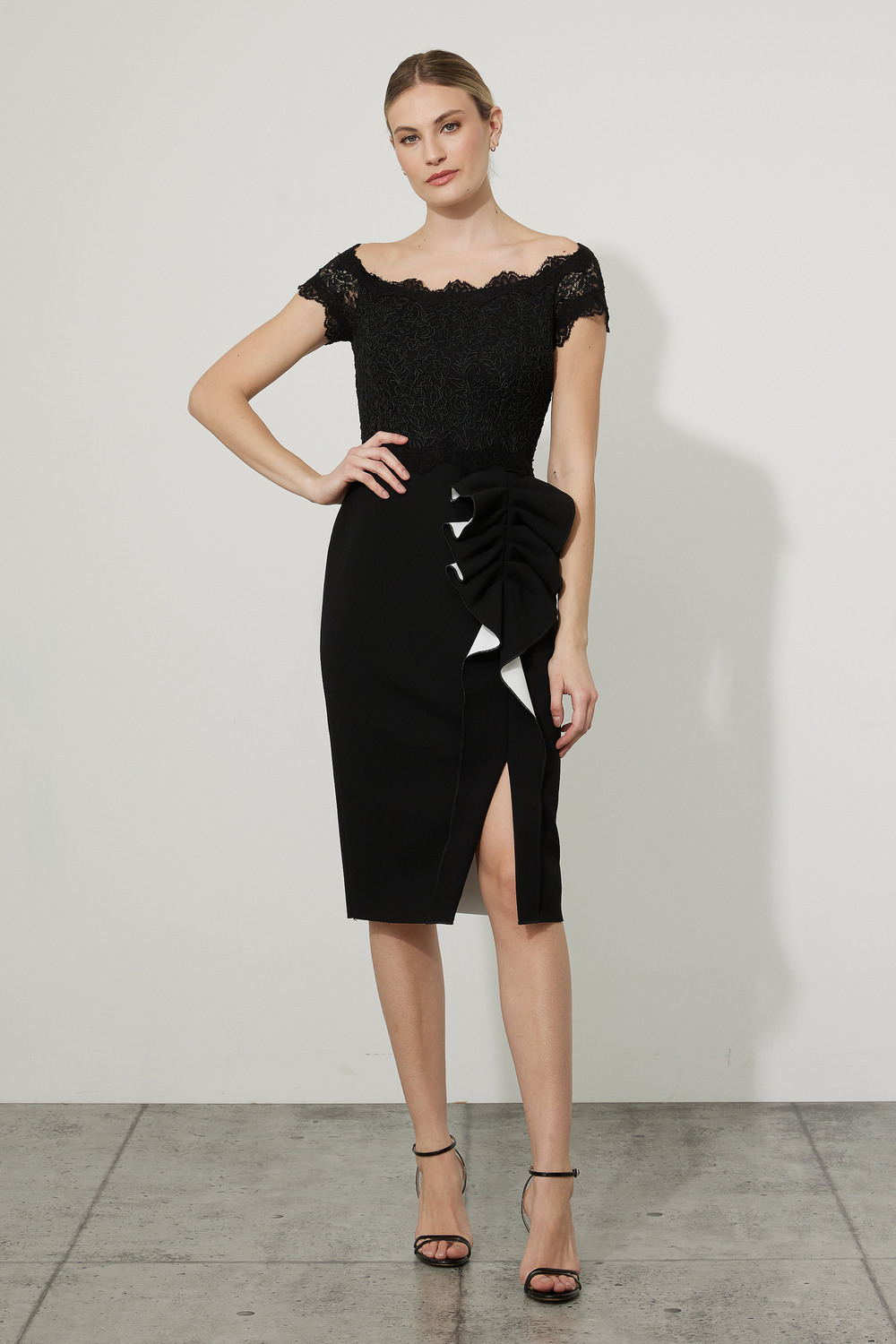 Joseph Ribkoff Ruffle & Lace Dress Style 223701. Black/vanilla