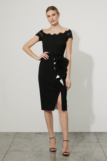 Joseph Ribkoff Ruffle &amp; Lace Dress Style 223701. Black/vanilla