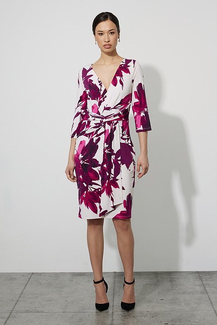 Joseph Ribkoff Floral Wrap Dress Style 223712. Champagne/mulberry. 2