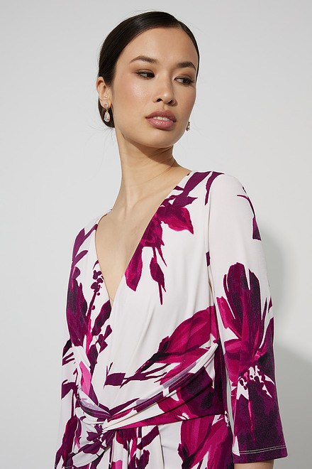 Joseph Ribkoff Floral Wrap Dress Style 223712. Champagne/mulberry. 4