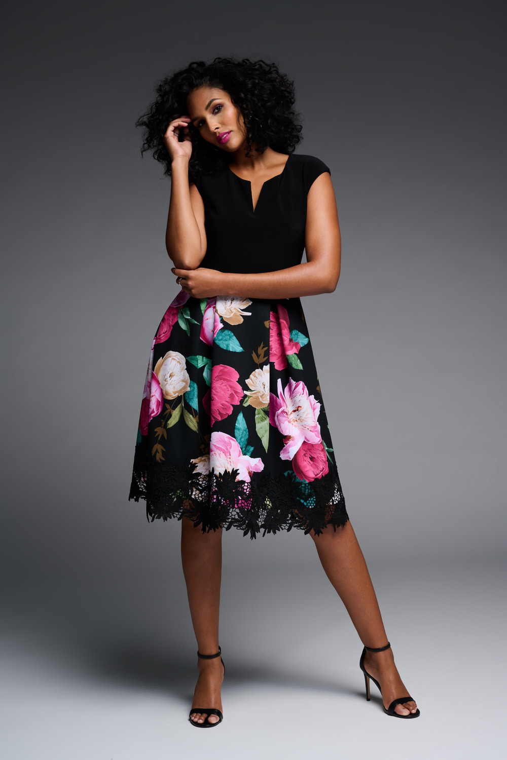 Joseph Ribkoff Floral & Lace Dress Style 223722. Black/multi