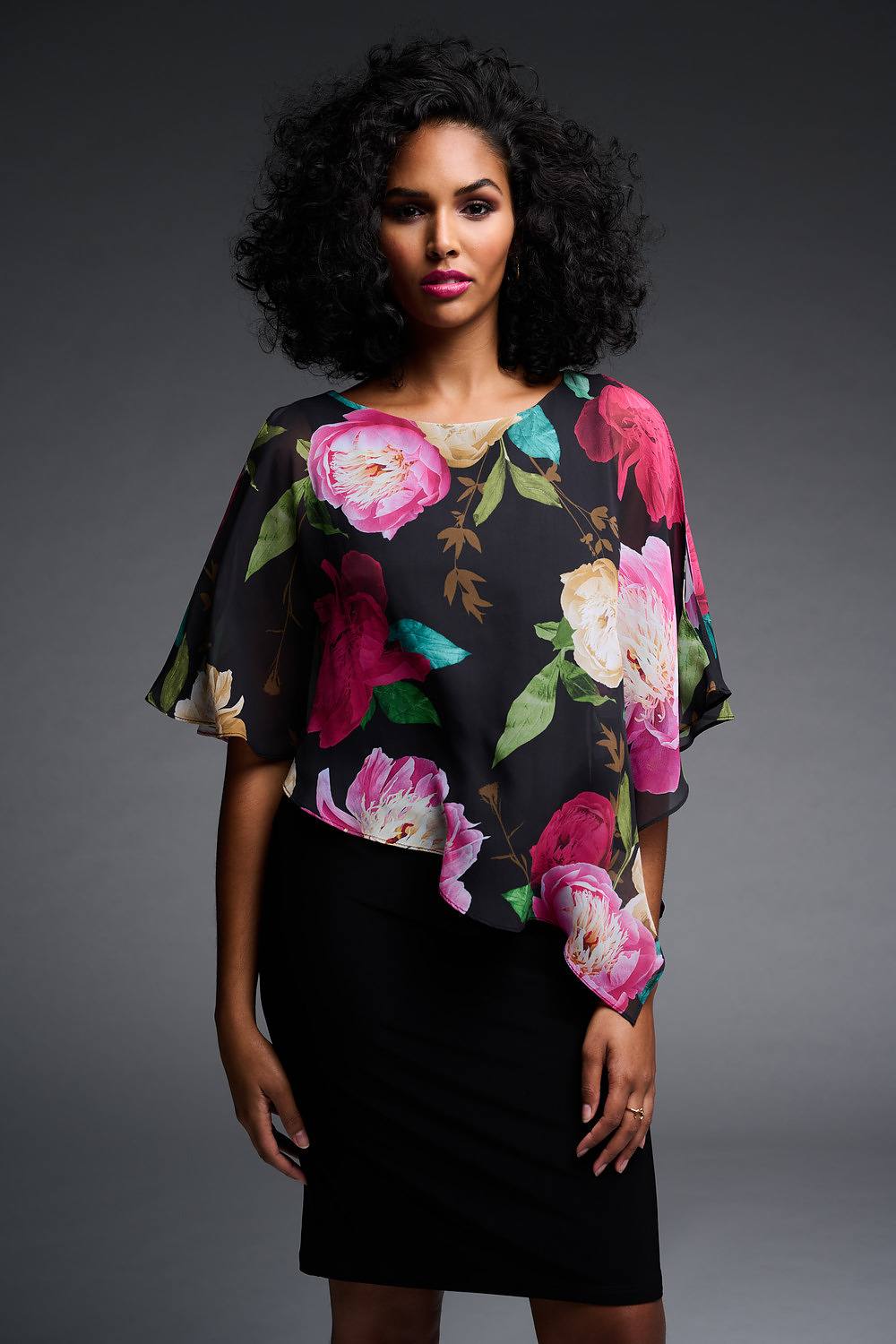 Joseph Ribkoff Floral Chiffon Dress Style 223748. Black/multi