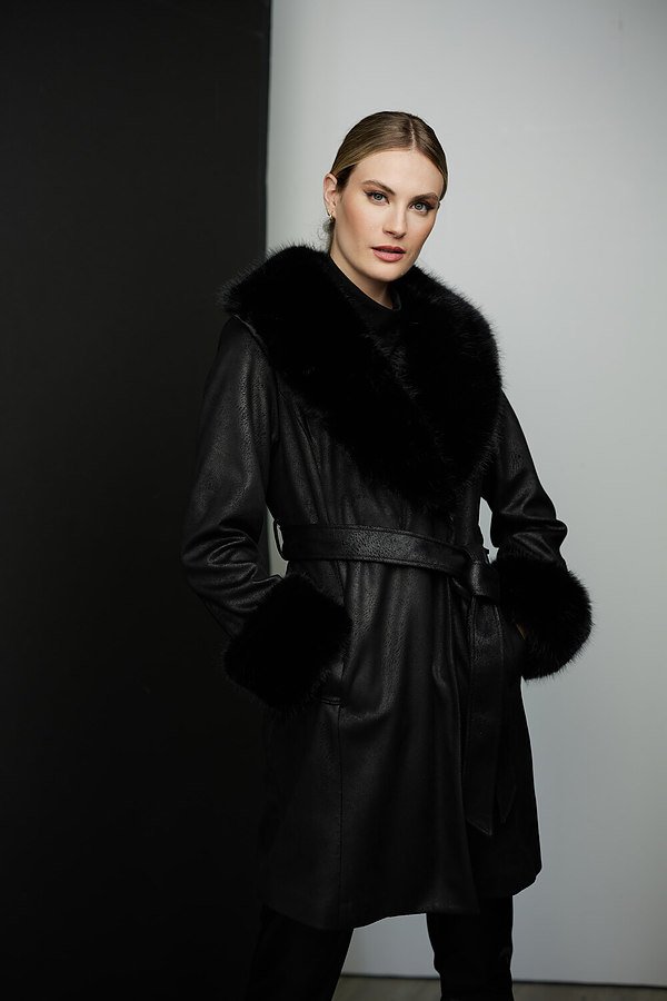 Joseph Ribkoff Faux Fur Trim Coat Style 223918. Black