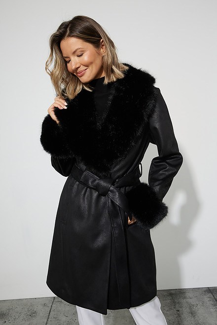 Joseph Ribkoff Faux Fur Trim Coat Style 223918. Black. 4