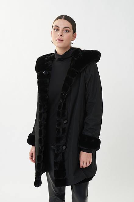 Joseph Ribkoff Reversible Faux Fur Hooded Coat Style 214913. Black. 5