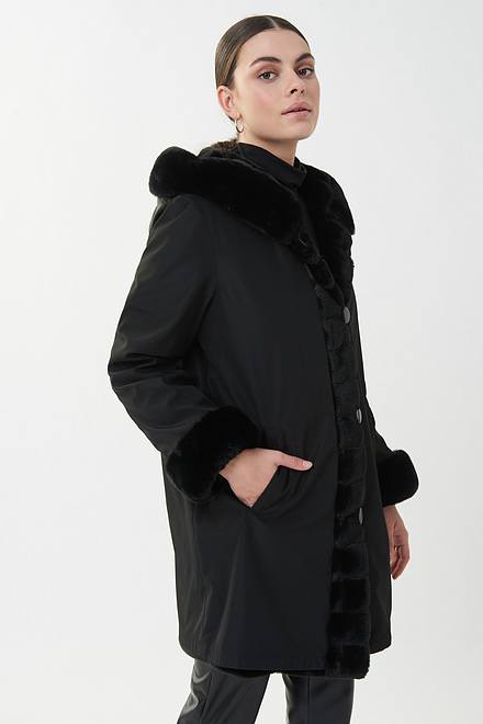 Joseph Ribkoff Reversible Faux Fur Hooded Coat Style 214913. Black. 6