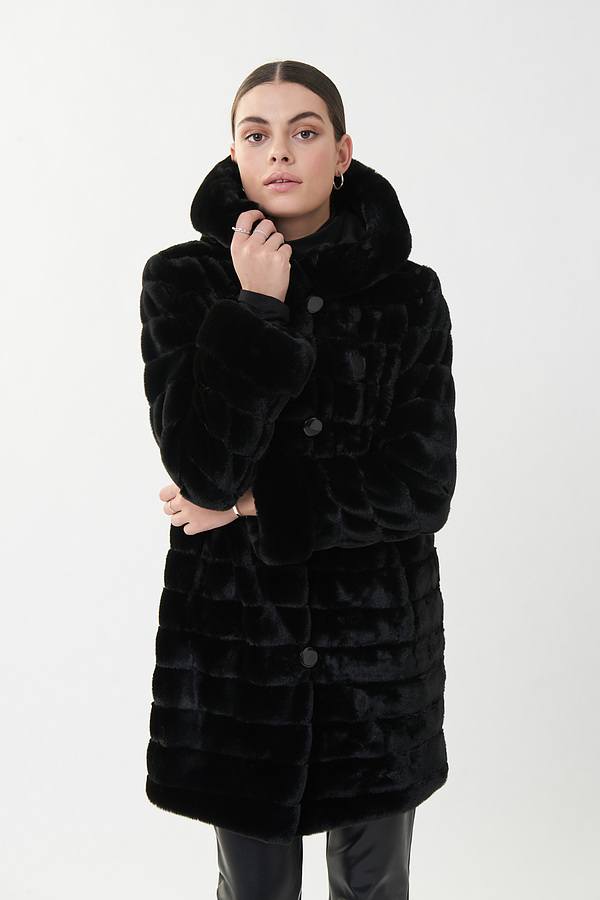 Joseph Ribkoff Reversible Faux Fur Hooded Coat Style 214913. Black