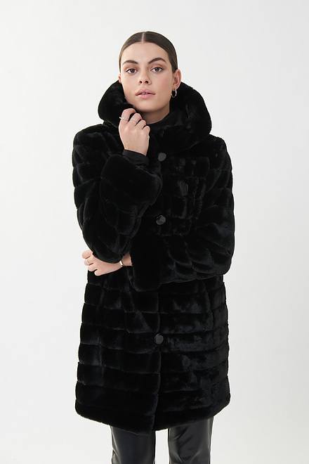 Joseph Ribkoff Reversible Faux Fur Hooded Coat Style 214913. Black