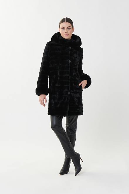 Joseph Ribkoff Reversible Faux Fur Hooded Coat Style 214913. Black. 4