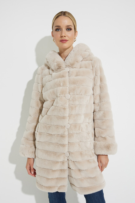 Joseph Ribkoff Reversible Faux Fur Hooded Coat Style 214913. Champagne