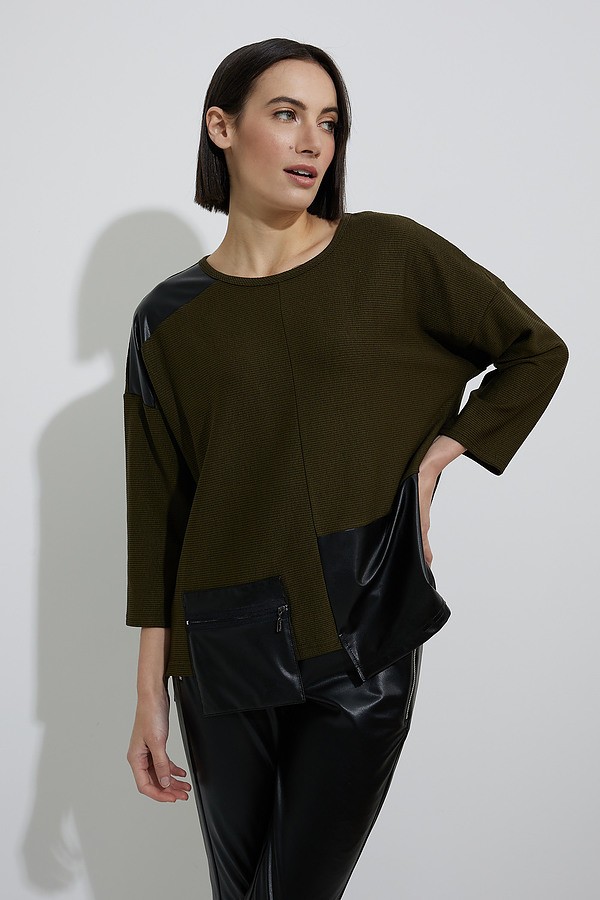 Joseph Ribkoff Faux Leather Patch Top Style 223025. Olive/black