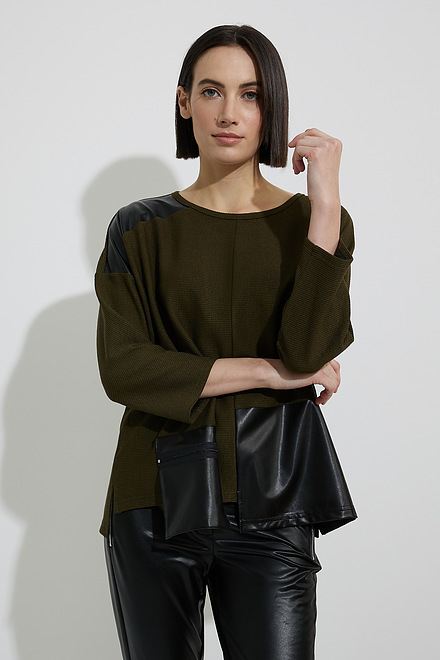 Joseph Ribkoff Faux Leather Patch Top Style 223025. Olive/black. 3