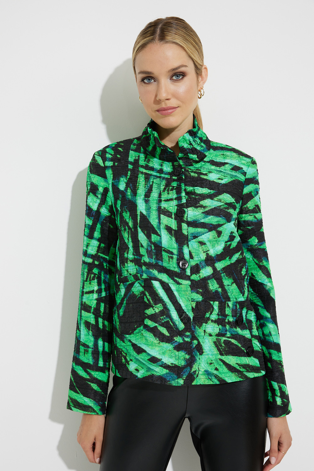 Joseph Ribkoff Palm Print Jacket Style 224002. Black/green/multi