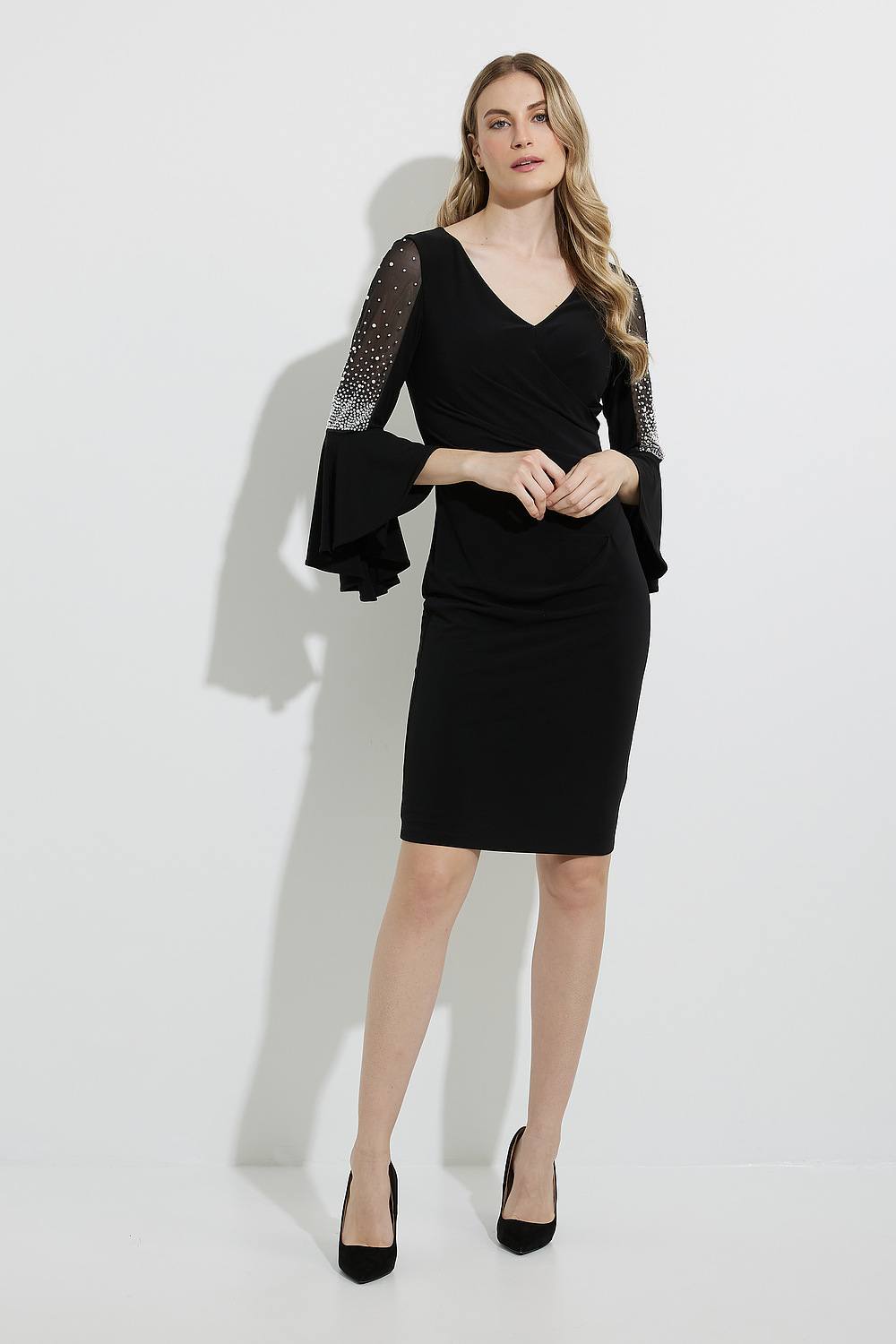 Joseph Ribkoff Sheer & Ruffle Dress Style 224005. Black
