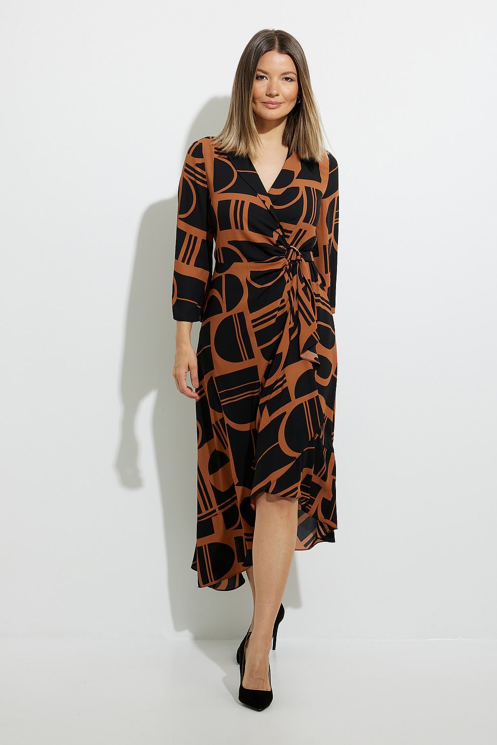 Joseph Ribkoff Abstract Wrap Dress Style 224086. Maple/black