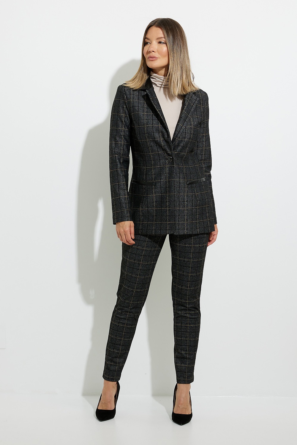 Joseph Ribkoff Slim Leg Plaid Pants Style 224091. Grey/multi