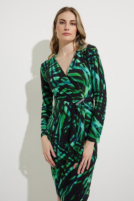 Joseph Ribkoff Pleated Wrap Dress Style 224145. Black/green/multi. 3