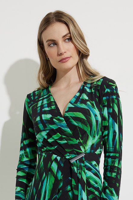 Joseph Ribkoff Pleated Wrap Dress Style 224145. Black/green/multi. 4