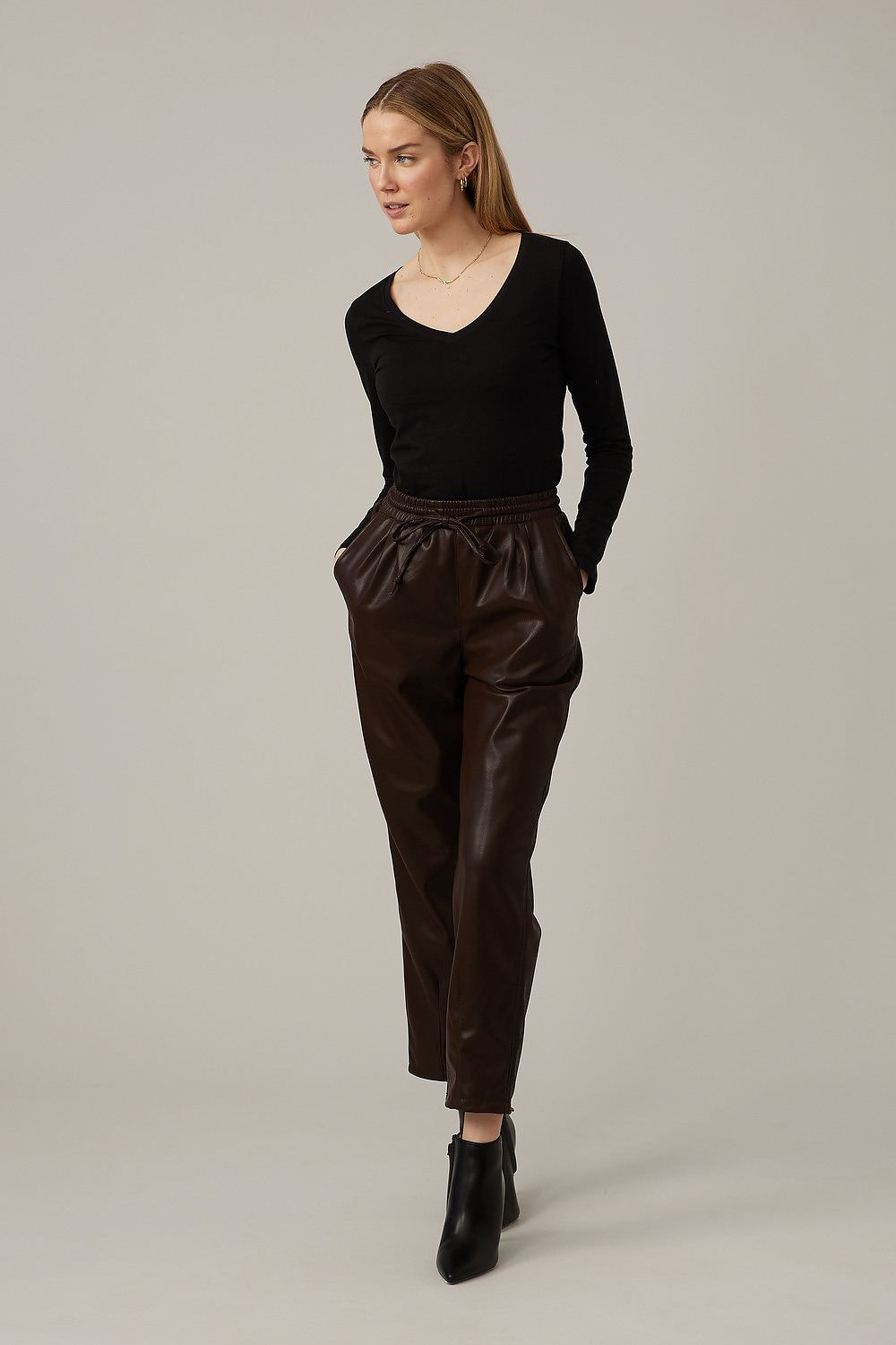 Emproved Vegan Leather Elastic Waist Pants Style A2260. Chocolate