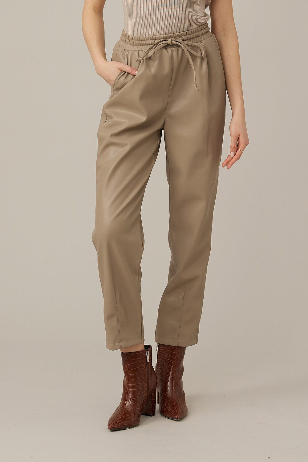 Emproved Vegan Leather Elastic Waist Pants Style A2260. Taupe