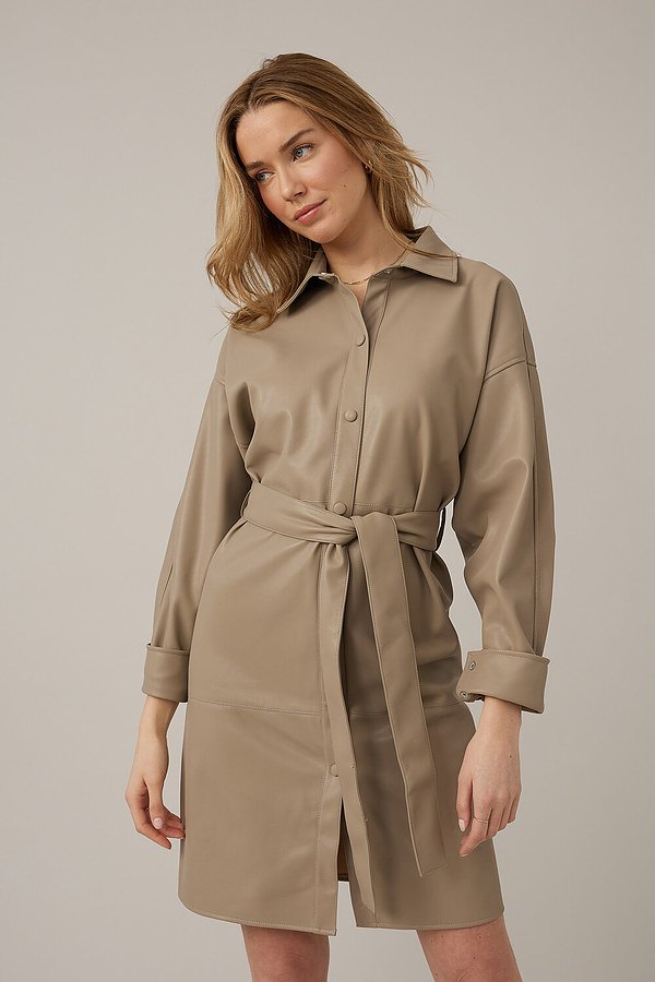 Emproved Vegan Leather Shirt Dress Style A2262. Taupe
